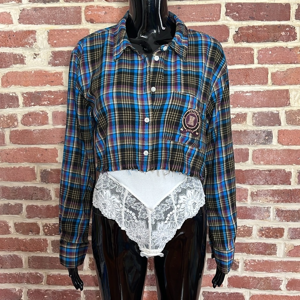 Savage x Fenty Tied Up Tartan Raw Hem Cropped Sleep Shirt in Blue Size S